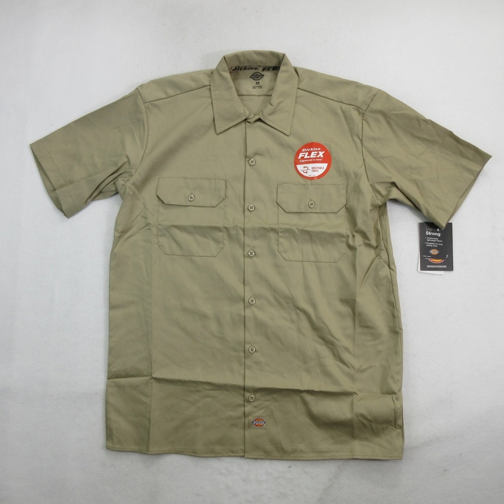 Dickies Men's Shirt M Flex Short Sleeve Twill Work Relaxed Fit Khaki New